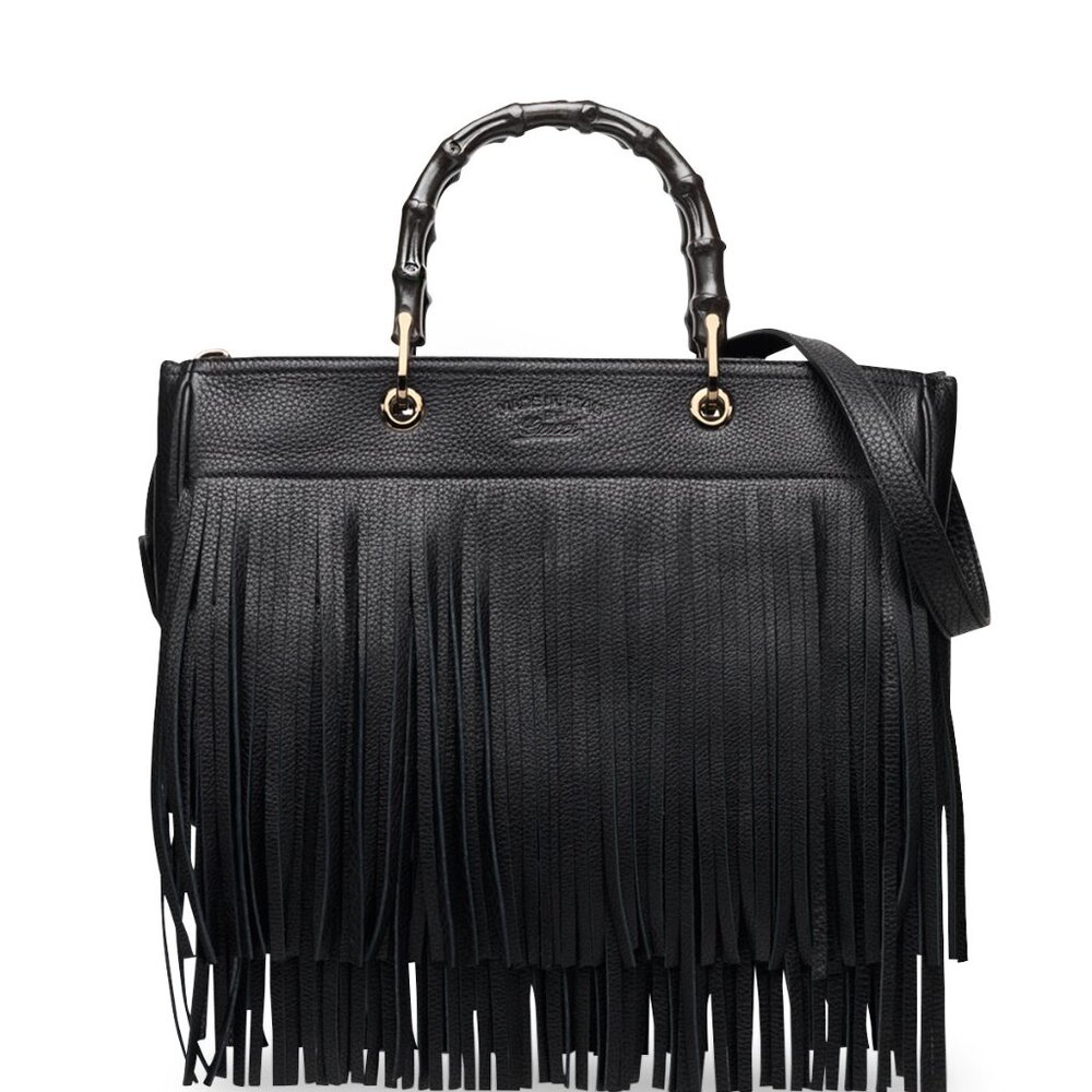 Gucci Soho Bamboo Leather Fringe Shopper Tote-Black-Brand New